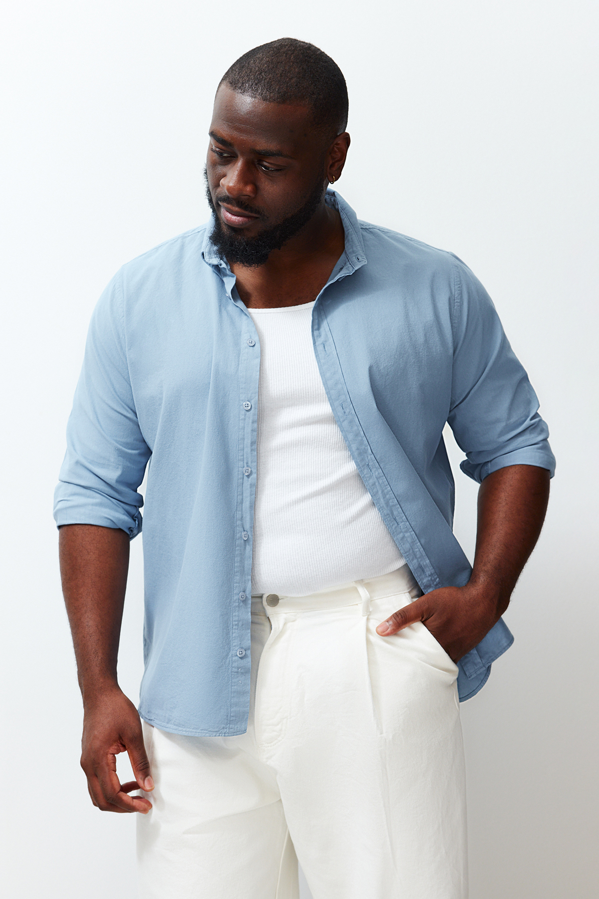 Levně Trendyol Blue Regular Fit Linen Look Plus Size Shirt