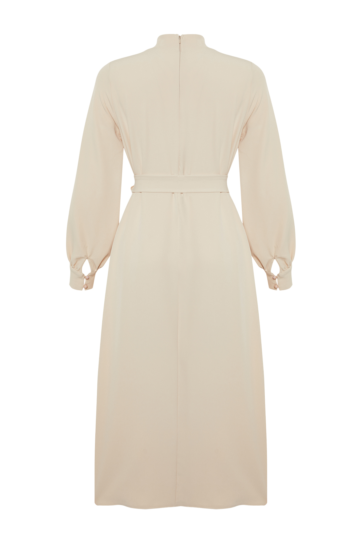 Trendyol Beige Stand Collar Belt Detailed Woven Dress