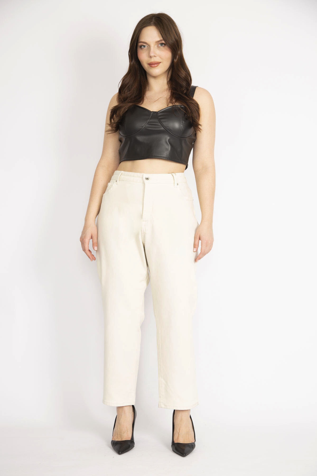 Levně Şans Women's Beige Plus Size 5 Pocket Lycra Jeans