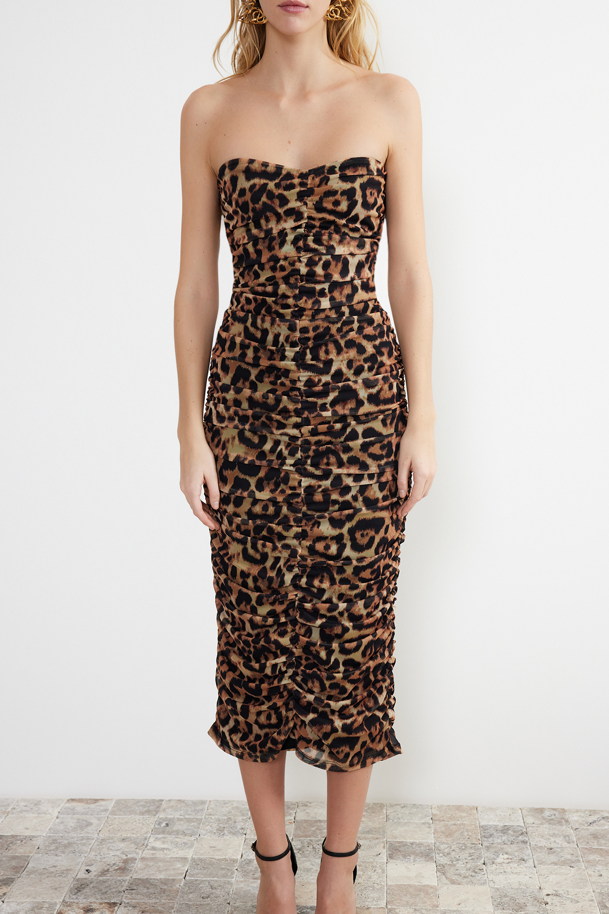 Trendyol Multicolored Fitted Leopard Patterned Draped Knitted Tulle Elegant Evening Dress