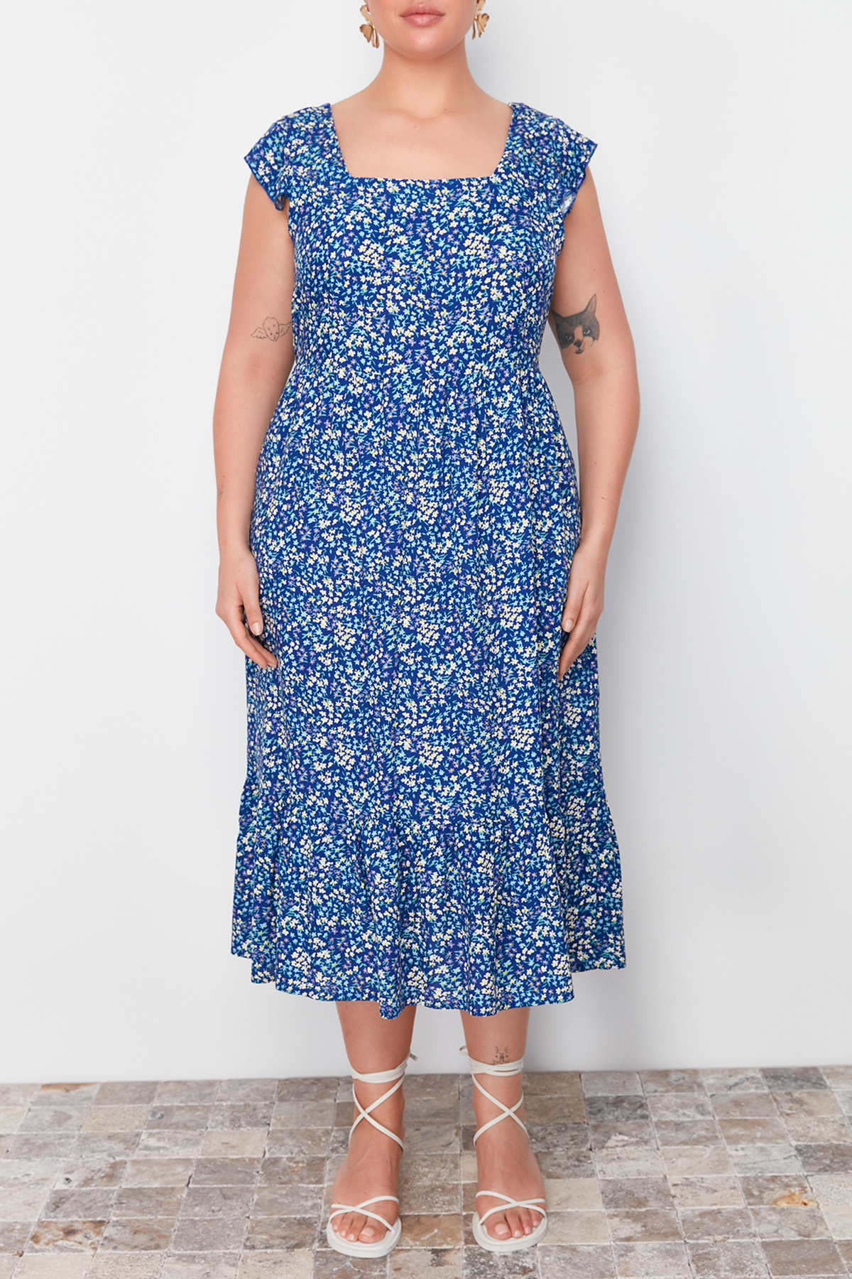 Trendyol Curve Navy Blue A-Line Midi Ruffled Floral Patterned Woven Dress