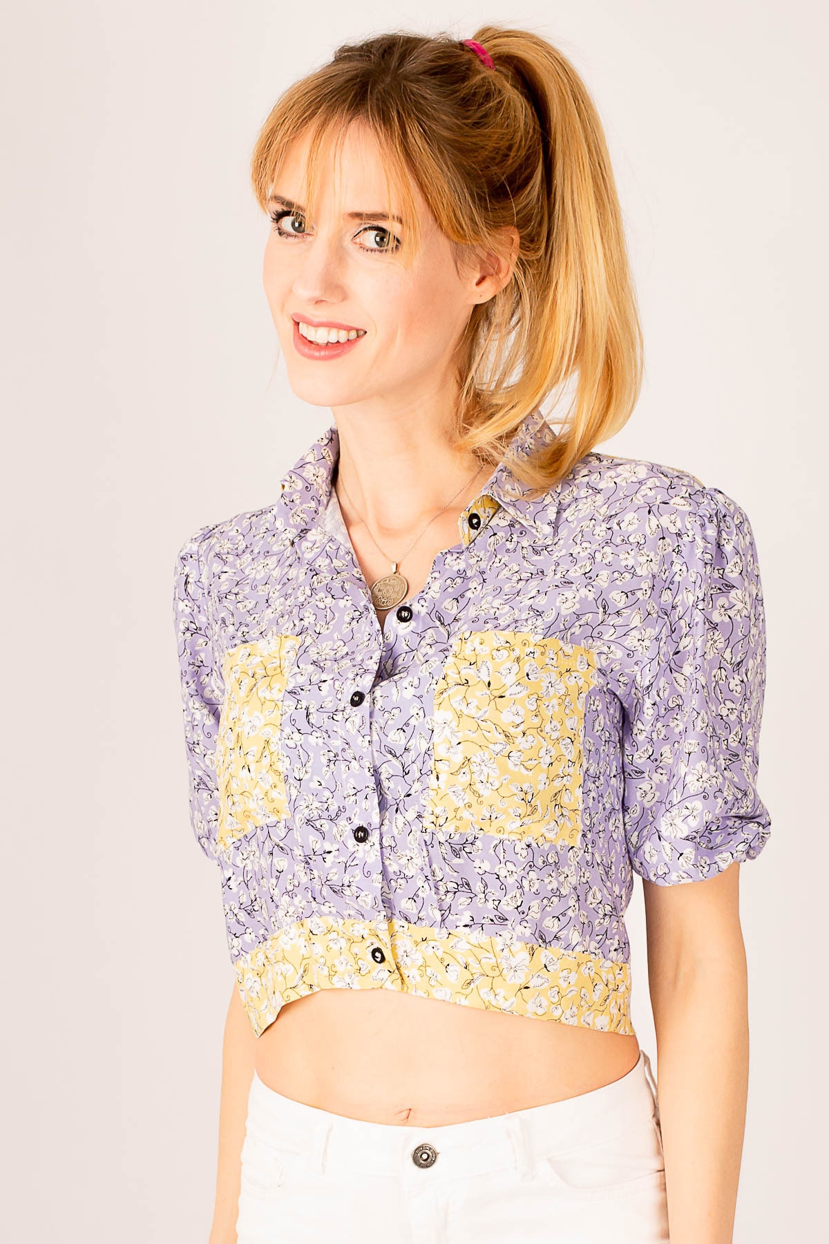 armonika Women's Lilac Crop Shirt with Elastic Sleeves, Pocket, Back Detail