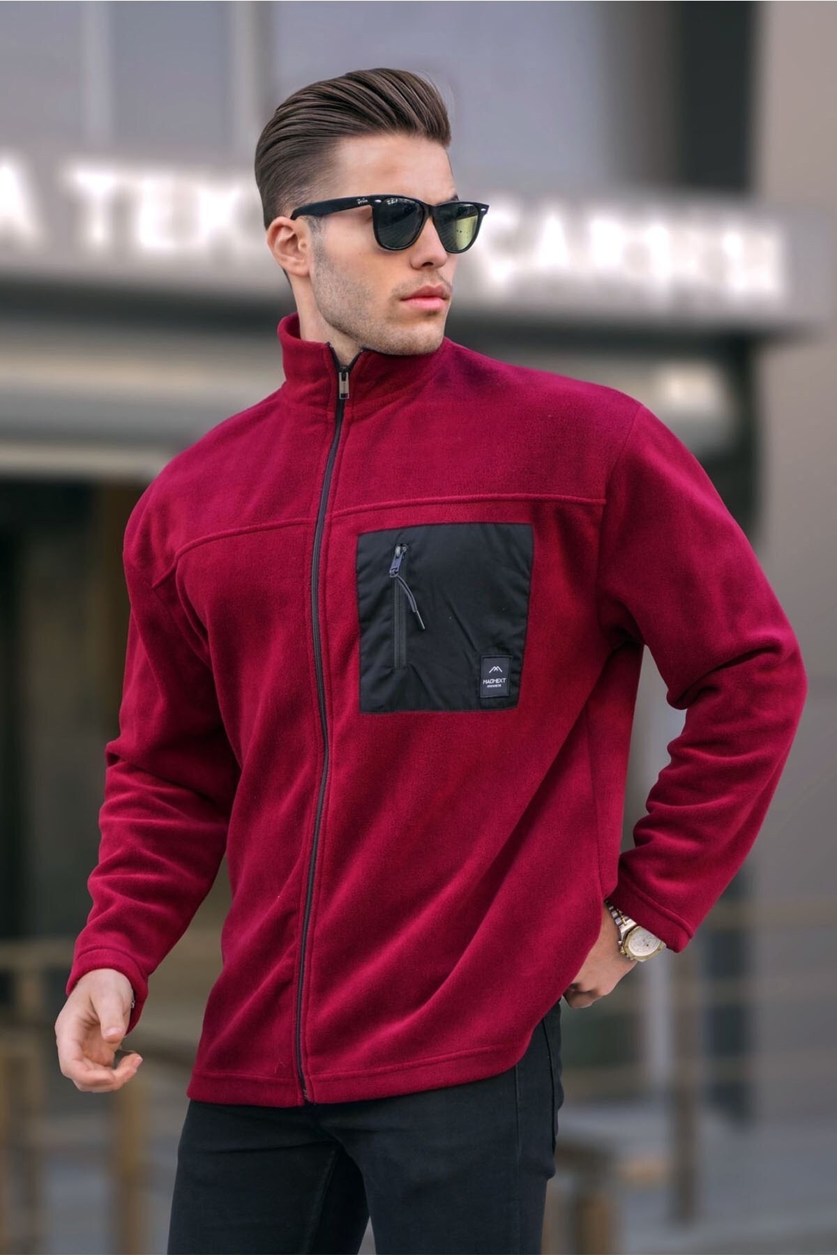 Madmext Claret Red Standing Neck Zipper Windproof Outdoor Men's Fleece Sweatshirt 6046