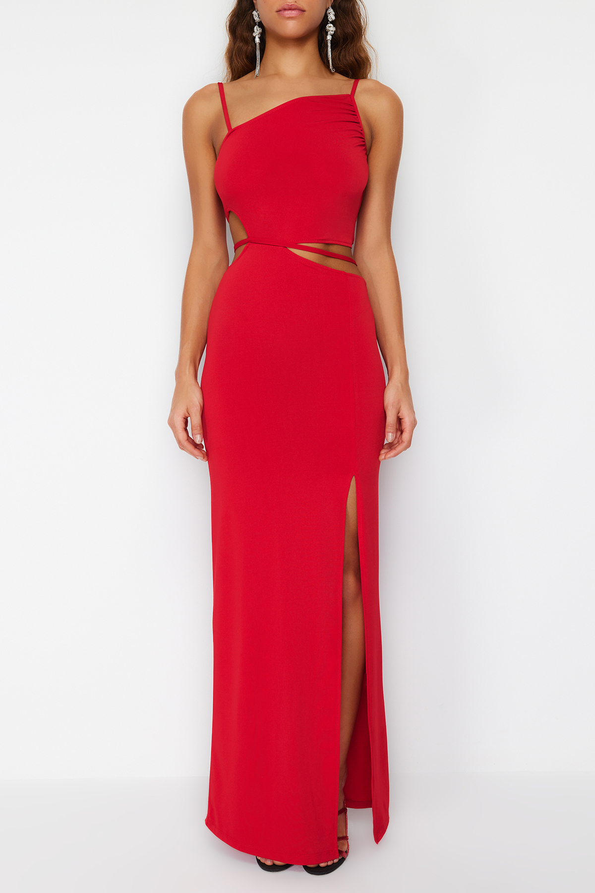 Trendyol Red Bias Detailed Knitted Long Evening Dress