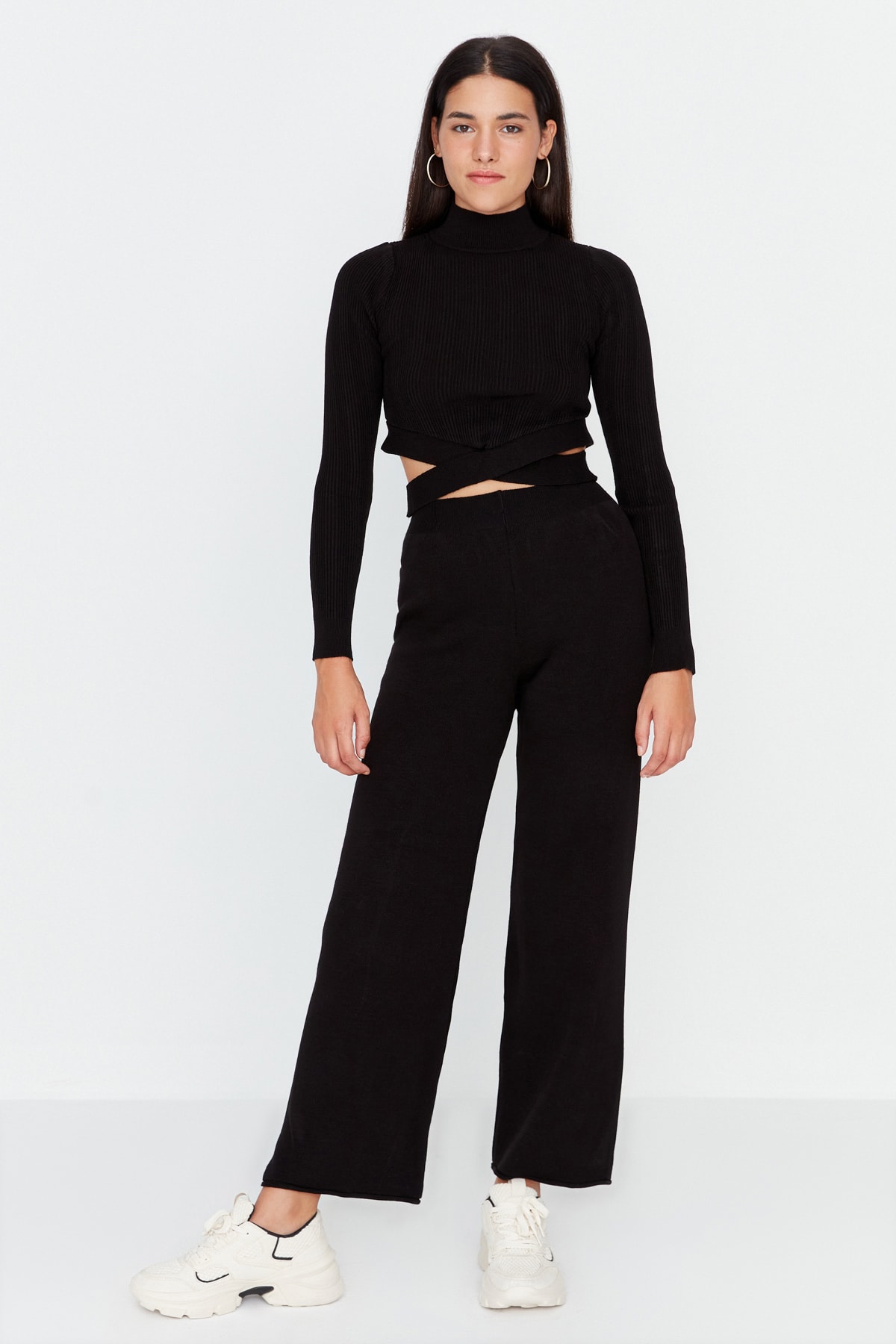 Trendyol Black Crop Knitwear Top and Bottom Set