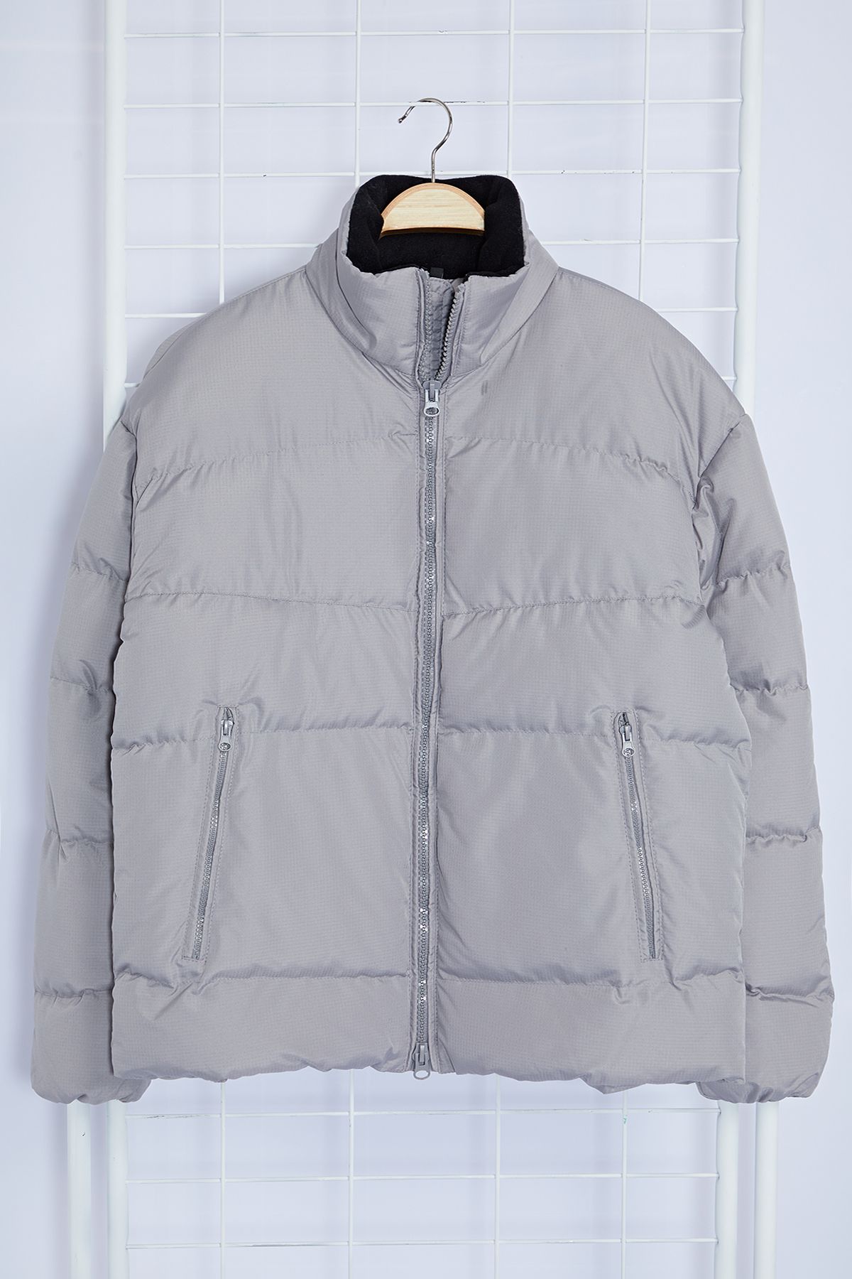 Trendyol Gray Oversize Fit Ribstop Fabric Fleece Collar Coat