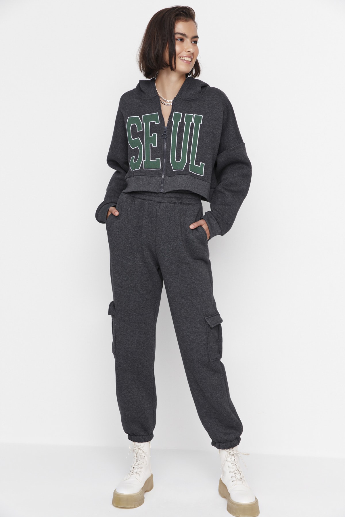 Trendyol Anthracite Pocket Detailed Rack Pants, Knitted Fleece Inside, Knitted Sweatpants