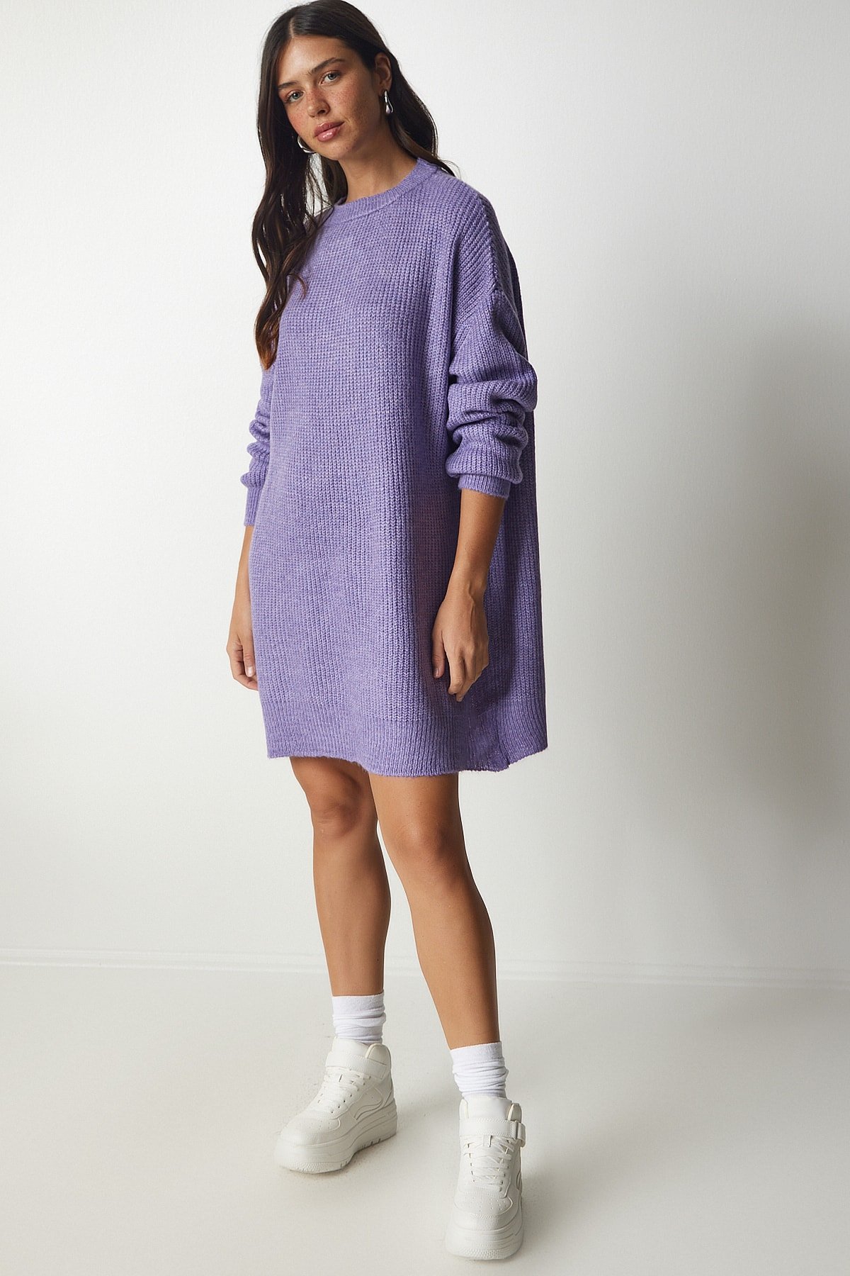 Happiness İstanbul Women's Lilac Oversize Long Basic Knitwear Sweater