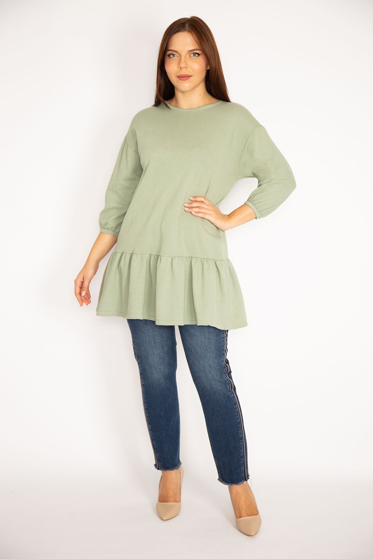 Levně Şans Women's Plus Size Green Capri Sleeve Tunic