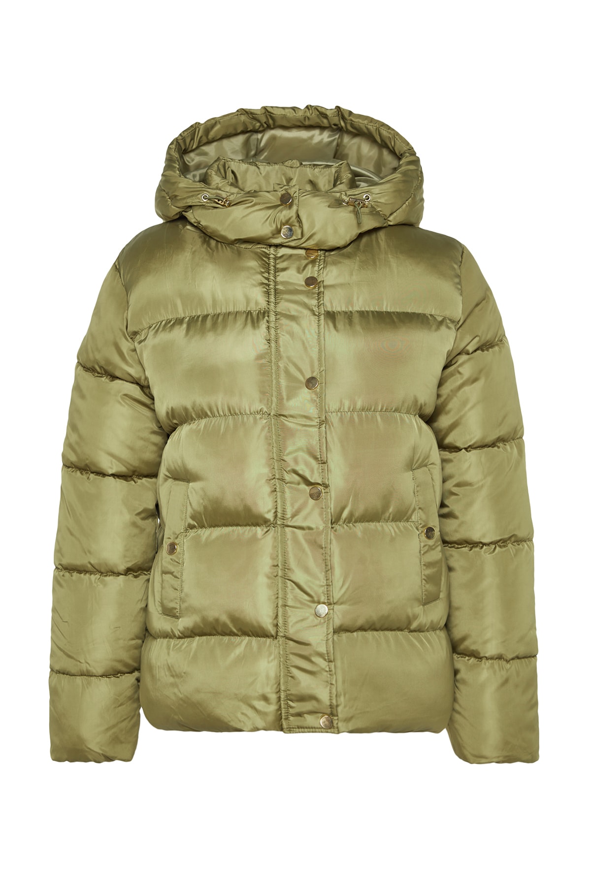 Levně Trendyol Khaki nadrozměrný nafukovací kabát s kapucí Gold Snap Detailní vodoodpudivý nafukovací kabát