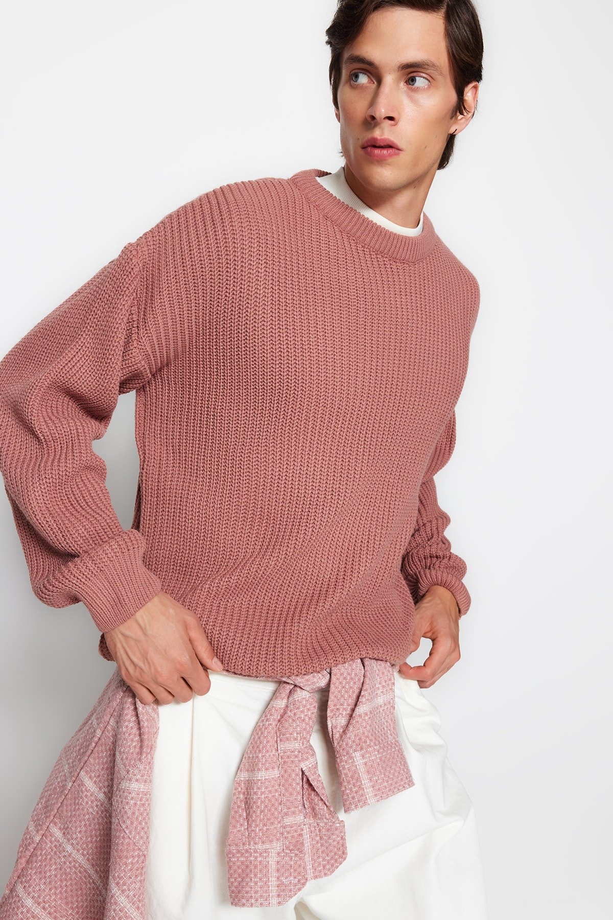 Trendyol Dusty Rose Oversize Fit Wide Fit Crew Neck Basic Knitwear Sweater