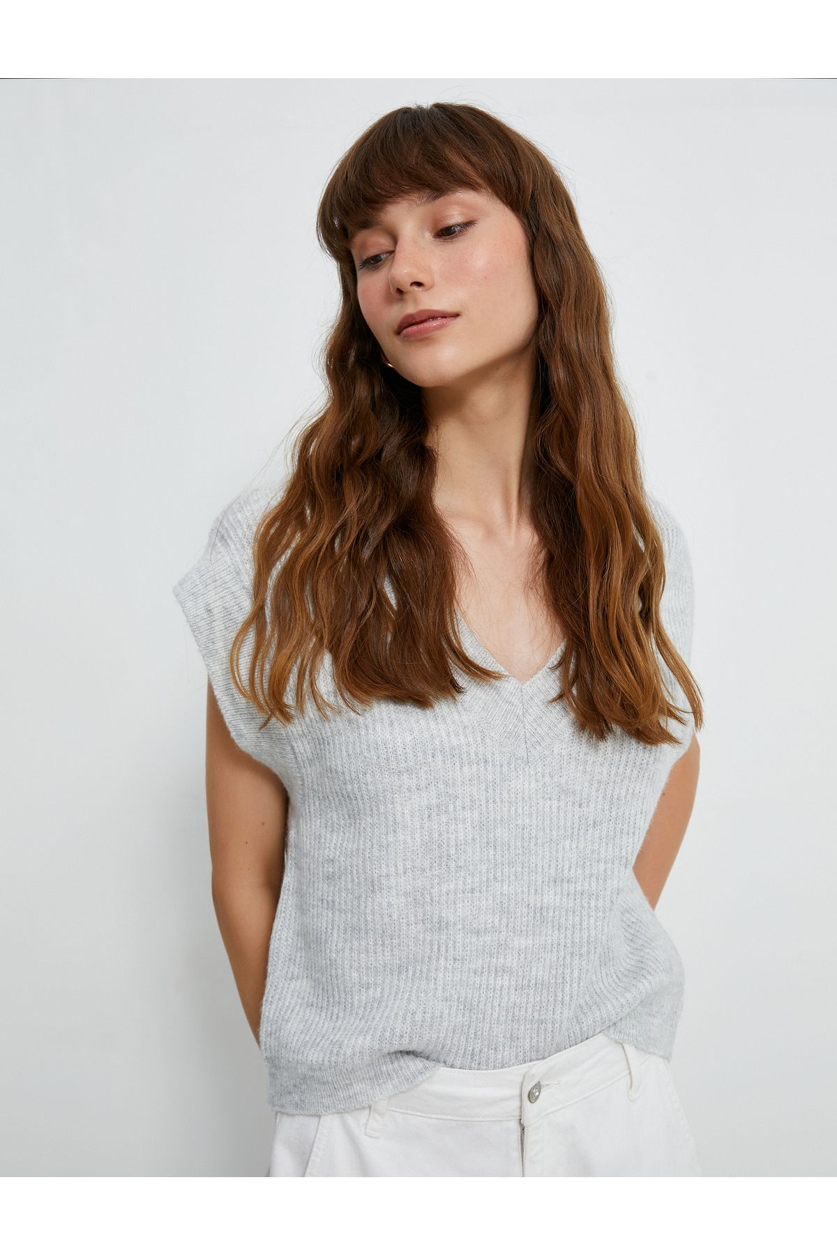 Pulover Koton V-Neck Tricotat cu nervuri