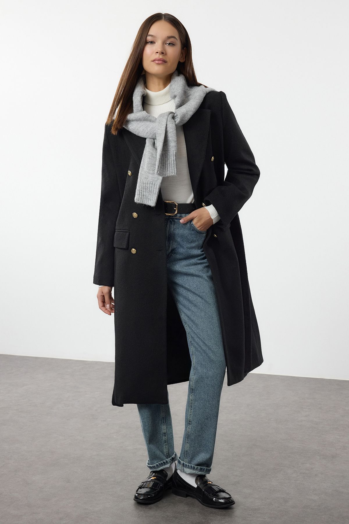Trendyol Black Fitted Belted Coat