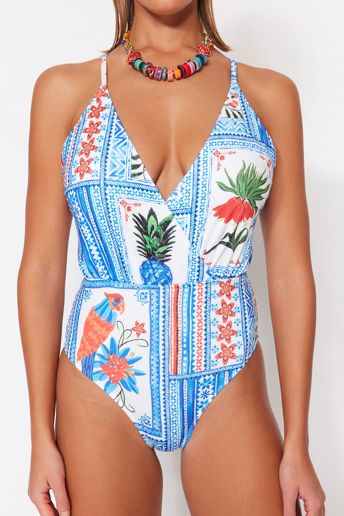 Trendyol Tropical Patterned Double Breasted Regular Leg Swimsuit
