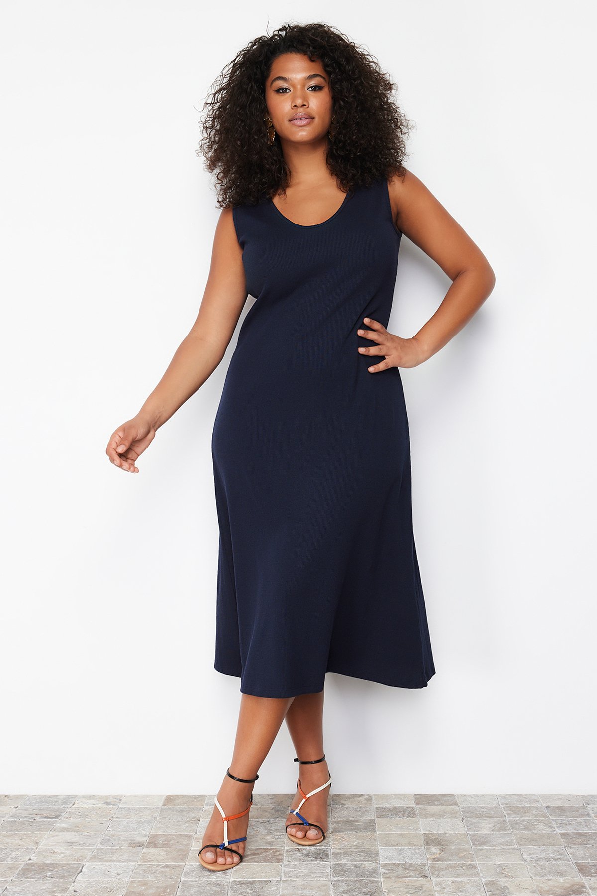 Trendyol Curve Navy Blue Corded A-line Midi Knitted Dress