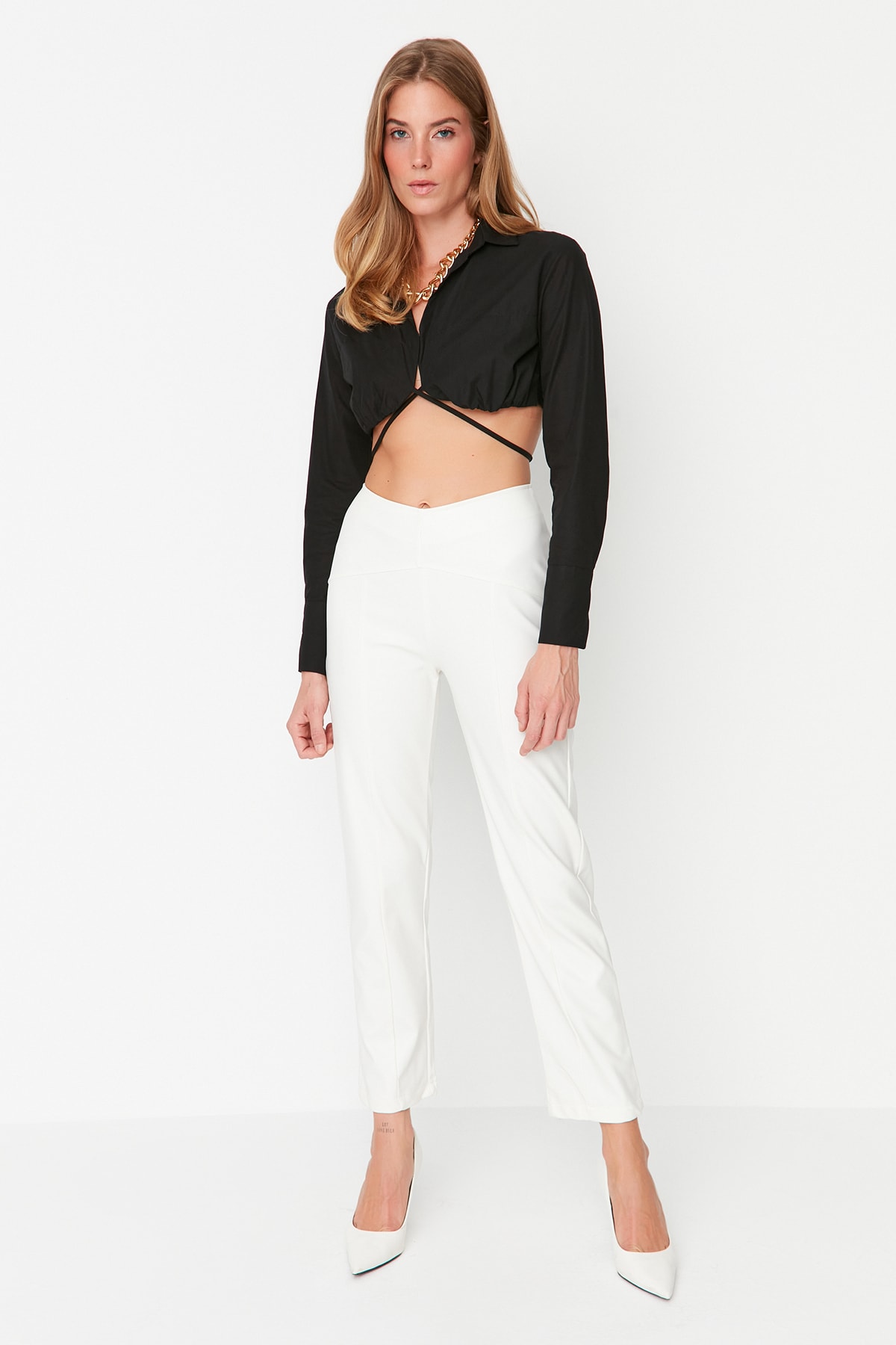 Trendyol White High Waist Weave Faux Leather Pants