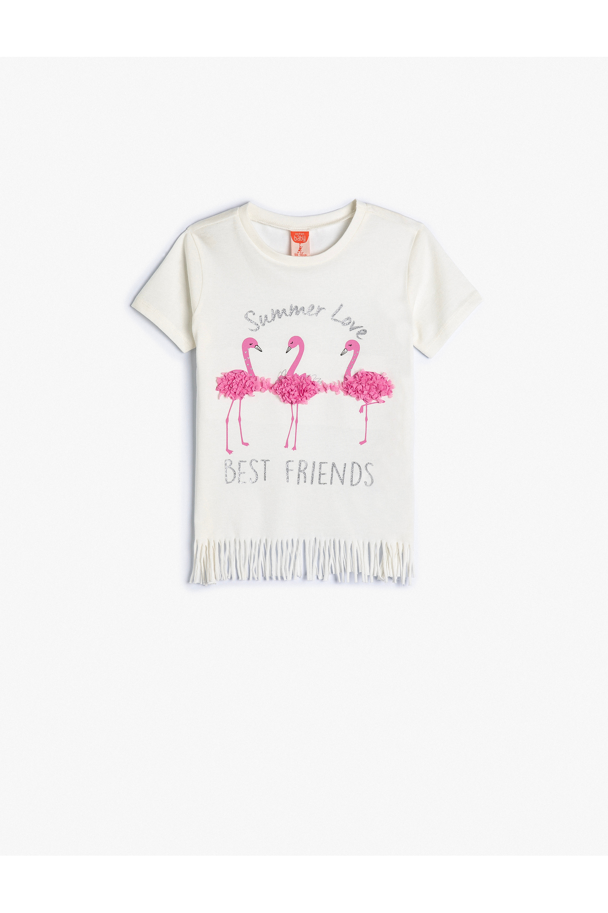Levně Koton Short Sleeve Tasseled T-Shirt Crew Neck Appliqué Flamingo Printed Cotton