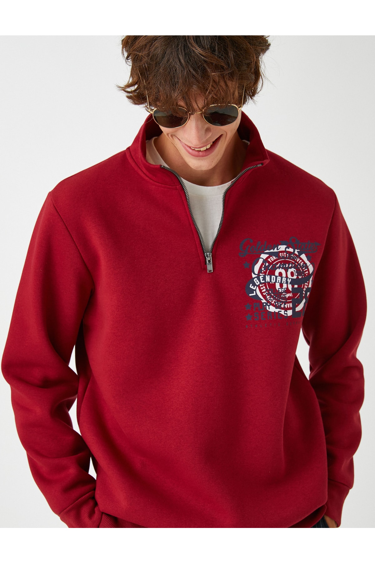 Koton College Sweatshirt with Raspberries, Stand-Up Collar, Zipper Detail.