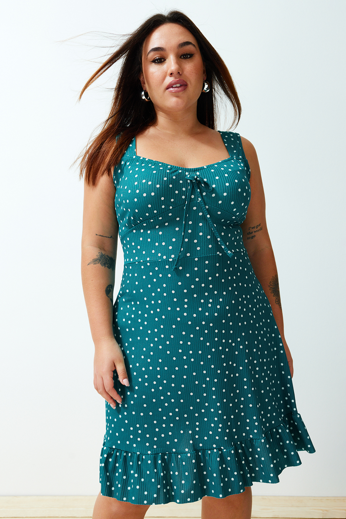 Trendyol Curve Oil Polka Dot Patterned Bow Collar Flounce A-Line Mini Summer Knitted Dress