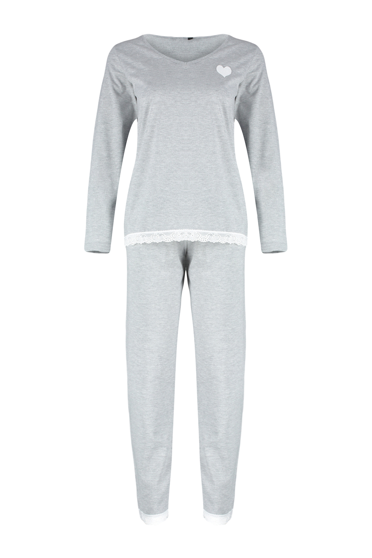Trendyol Gray Heart Embroidered Lace Detailed Cotton Tshirt-Pants Knitted Pajamas Set