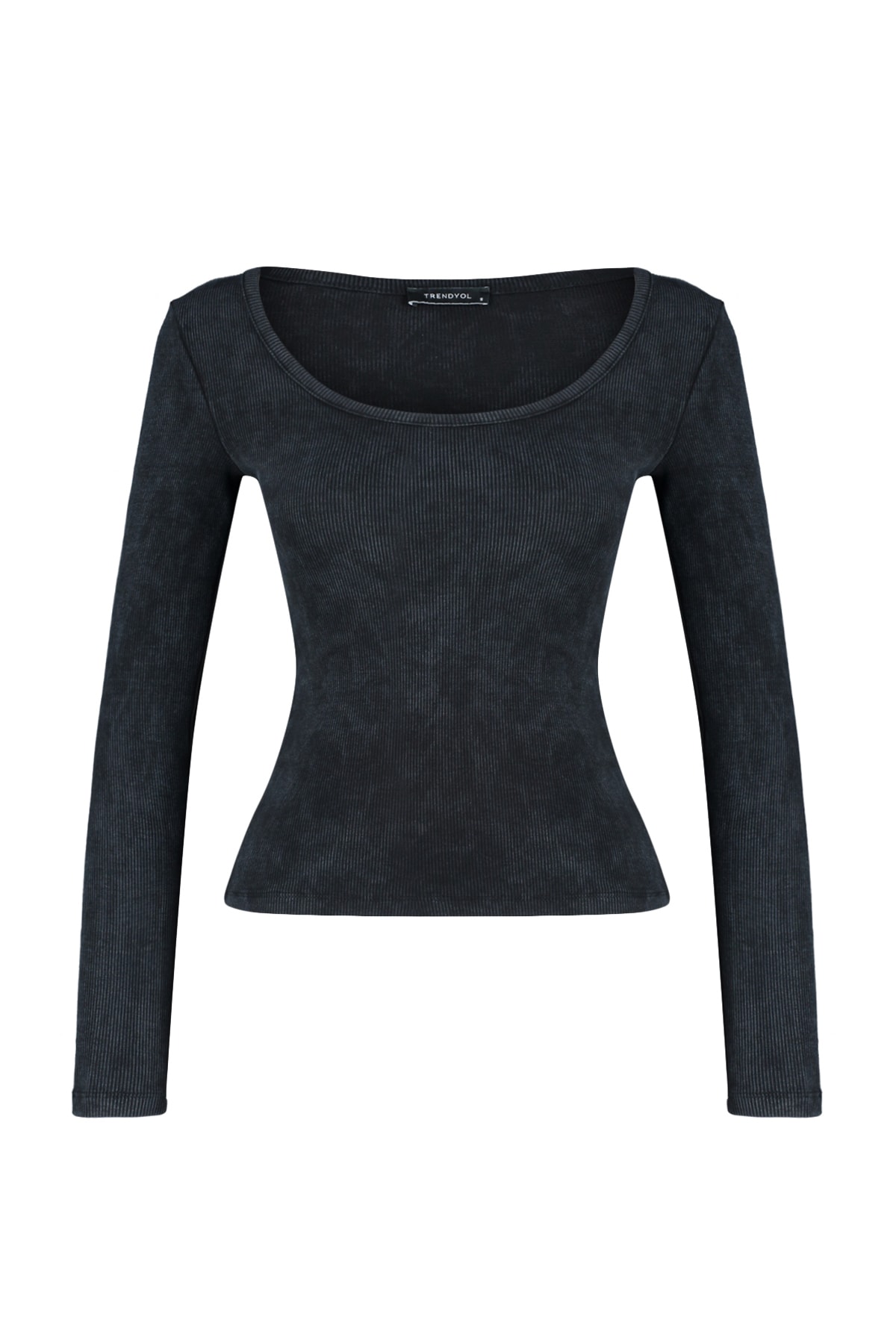 Trendyol Anthracite Antique/Faded Effect Ribbed Pool Neck Fitted Cotton Knitted Blouse
