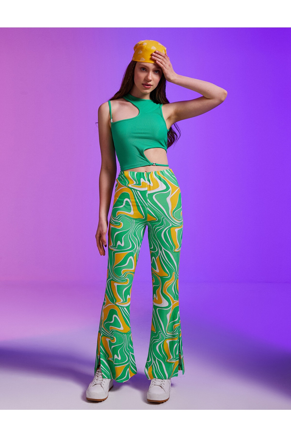 Koton Flare Trousers Patterned Slit High Waist