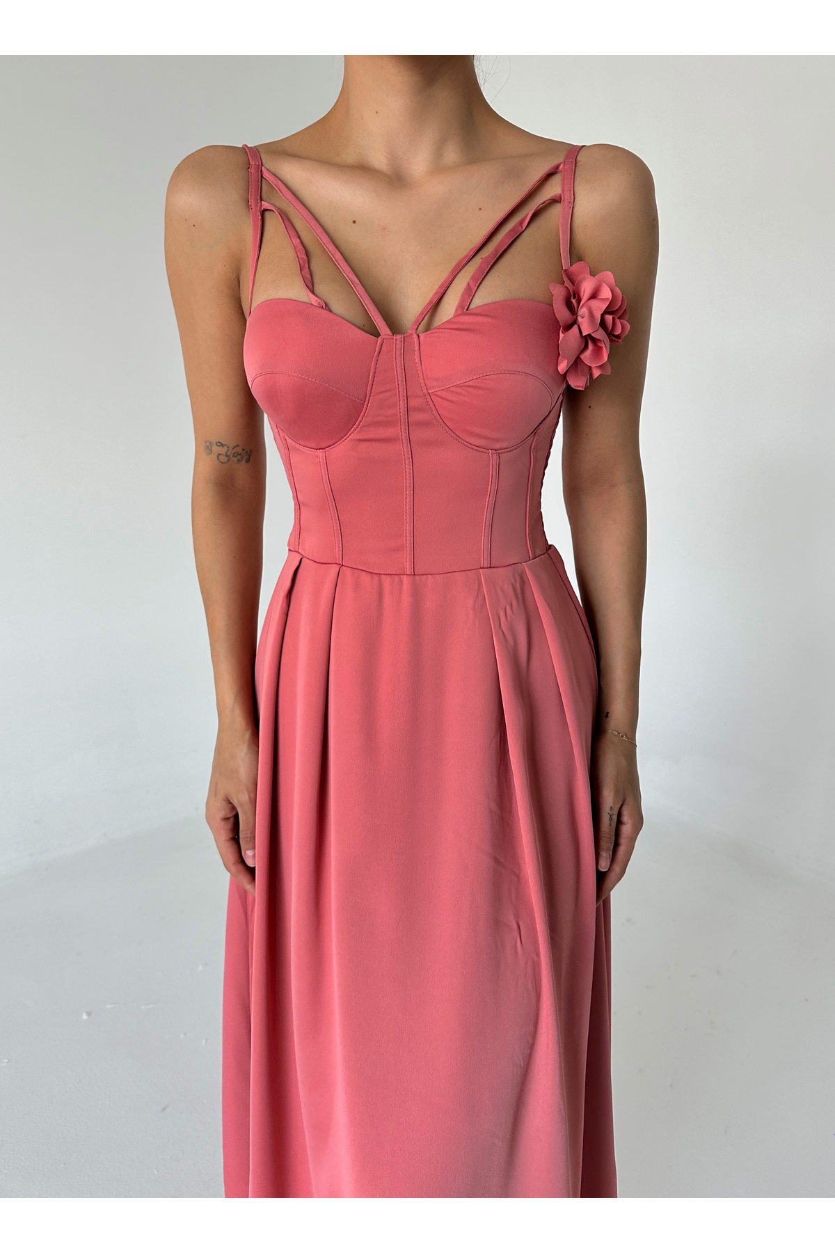 Laluvia Powder Multi Straps Rose Detail Midi Dress