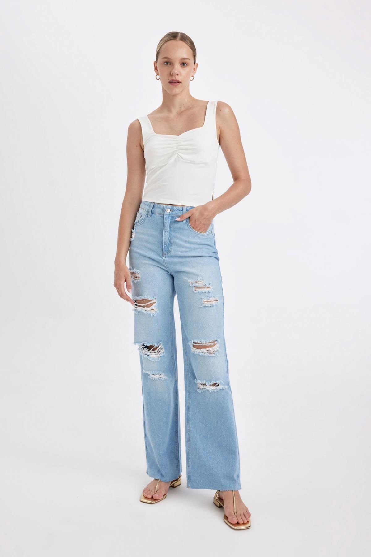 DEFACTO 90's Wide Leg High Waist Wide Leg Ripped Detailed Washed Jean Trousers