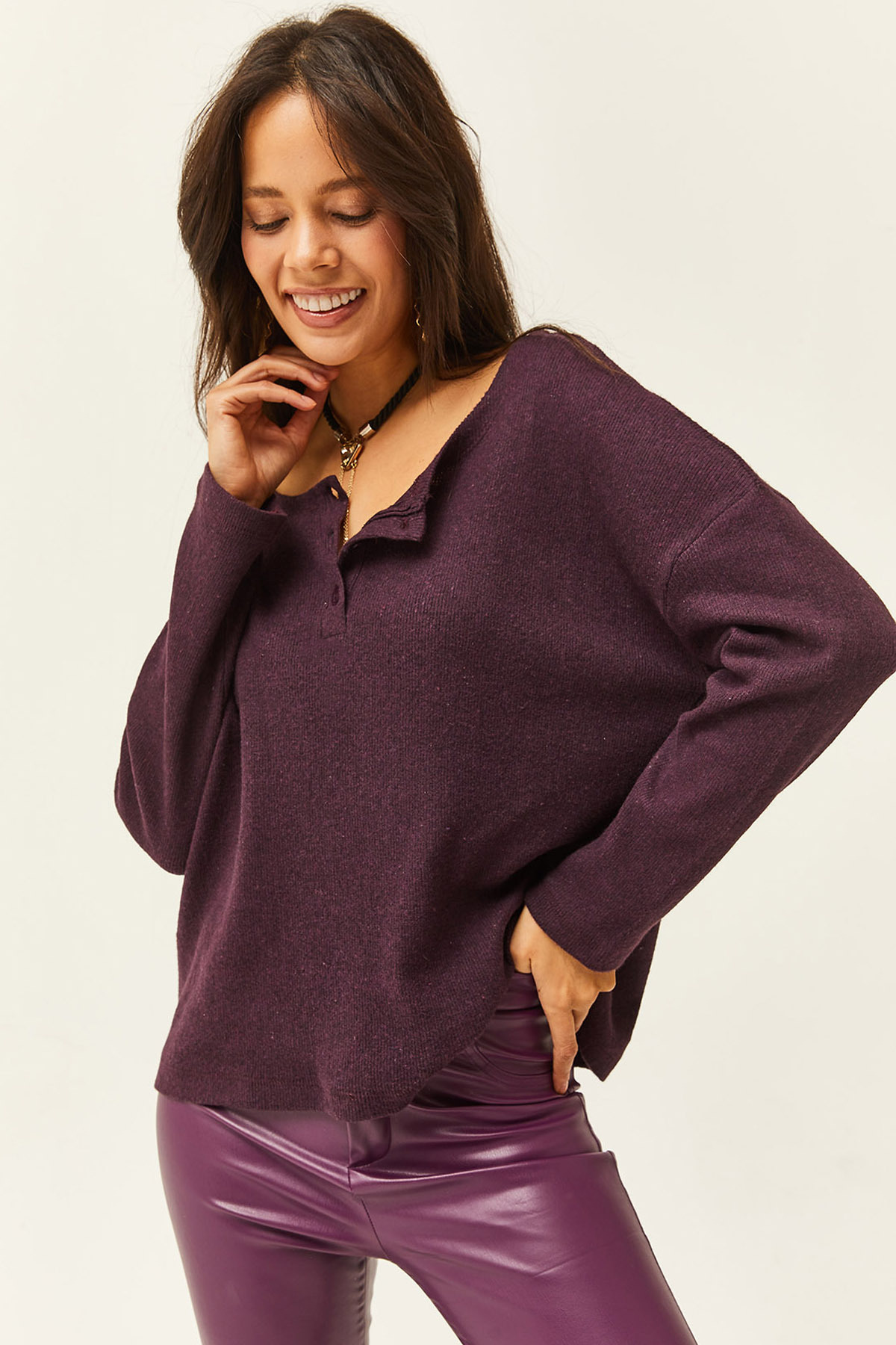 Levně Olalook Women's Damson Button Raised Loose Sweater