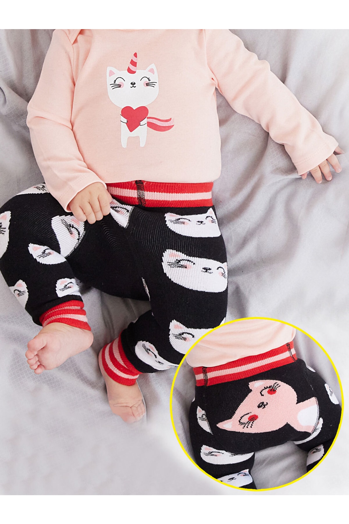 Levně Denokids Cat Baby Girl Black Knitted Leggings-pants