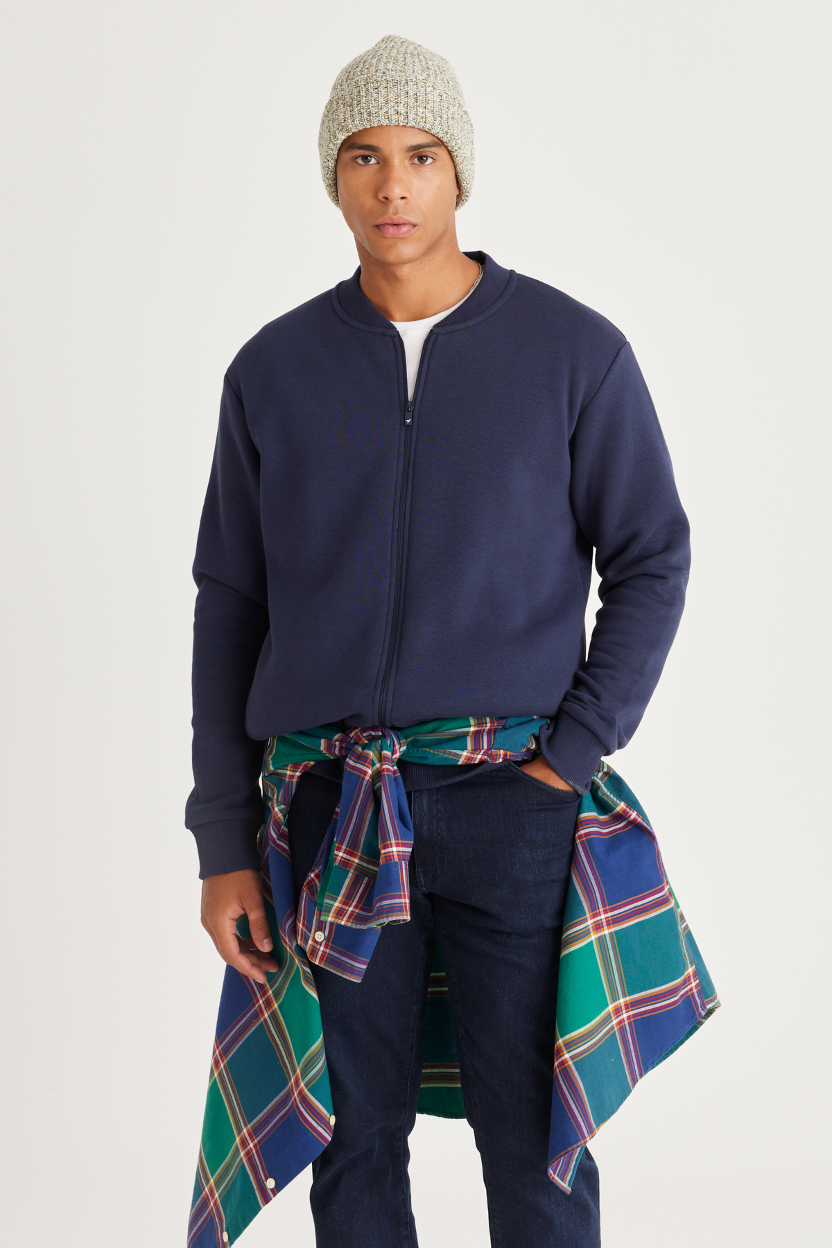 Levně AC&Co / Altınyıldız Classics Men's Navy Blue Standard Fit Regular Cut Inner Fleece 3 Thread College Collar Cotton Sweatshirt Jacket
