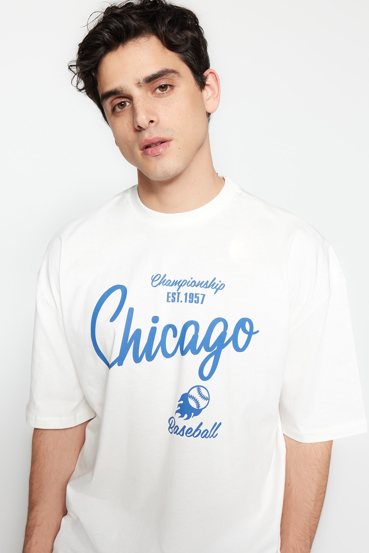 Trendyol Ecru Regular/Regular Fit City Printed Short Sleeve 100% Cotton T-Shirt