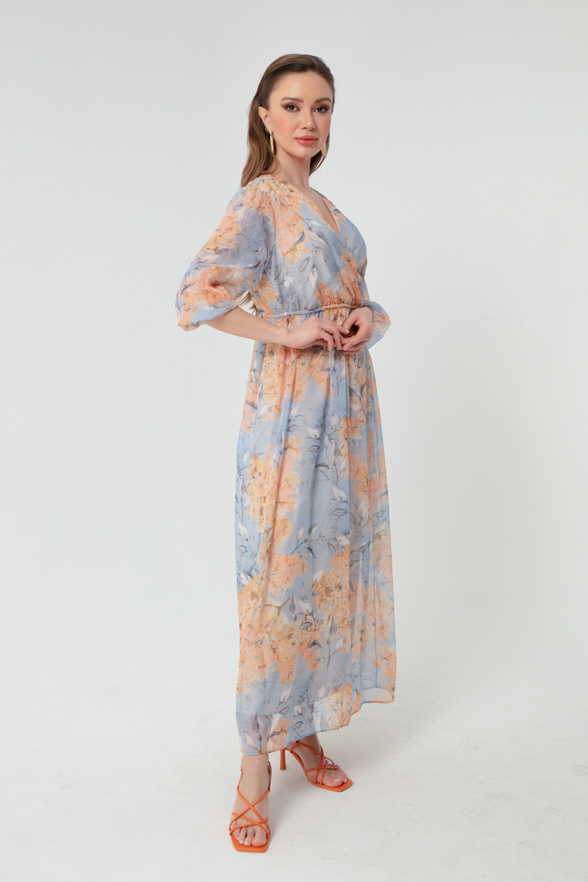 Lafaba Dámske modré vzorované dlhé šifónové šaty