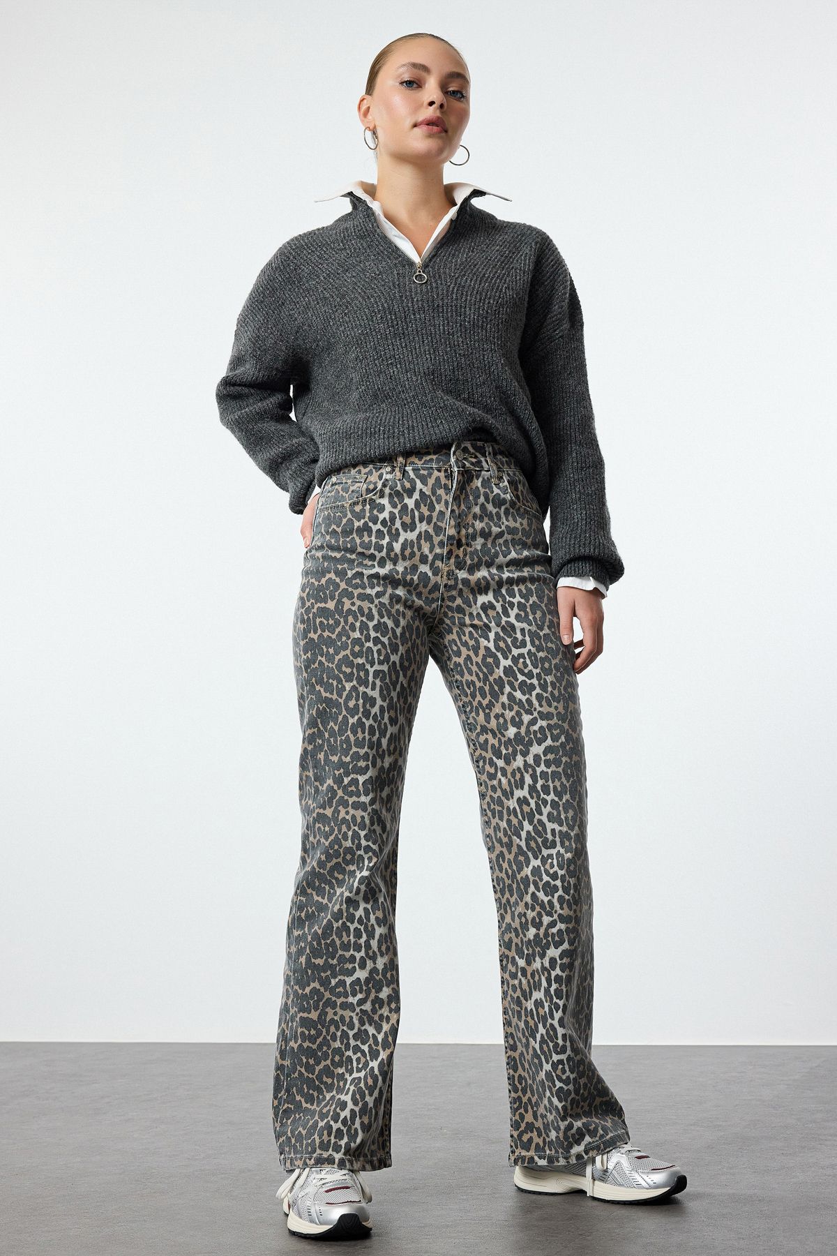 Trendyol Multicolored Leopard Patterned Brown High Waist Wide Leg Jeans