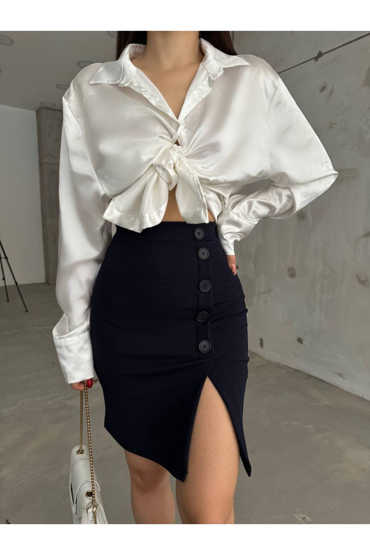 BİKELİFE Women's Navy Blue High Waist Button Detailed Lycra Flexible Skirt