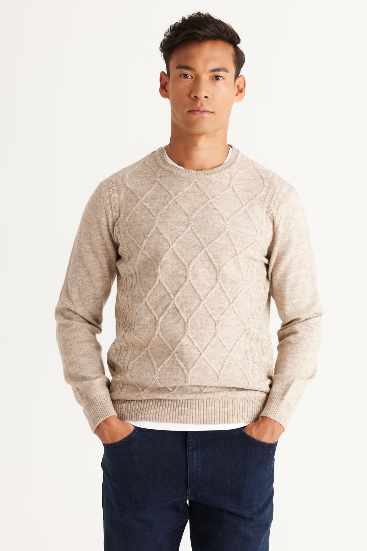 ALTINYILDIZ CLASSICS Men's Beige Melange Standard Fit Normal Cut Crew Neck Raised Soft Textured Knitwear Sweater