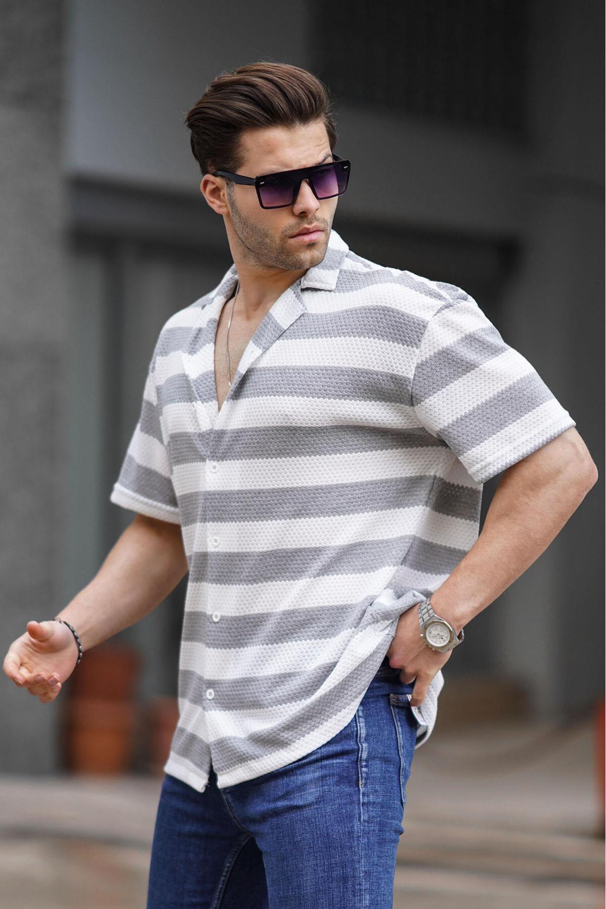 Levně Madmext Men's Gray Striped Short Sleeve Shirt 6730