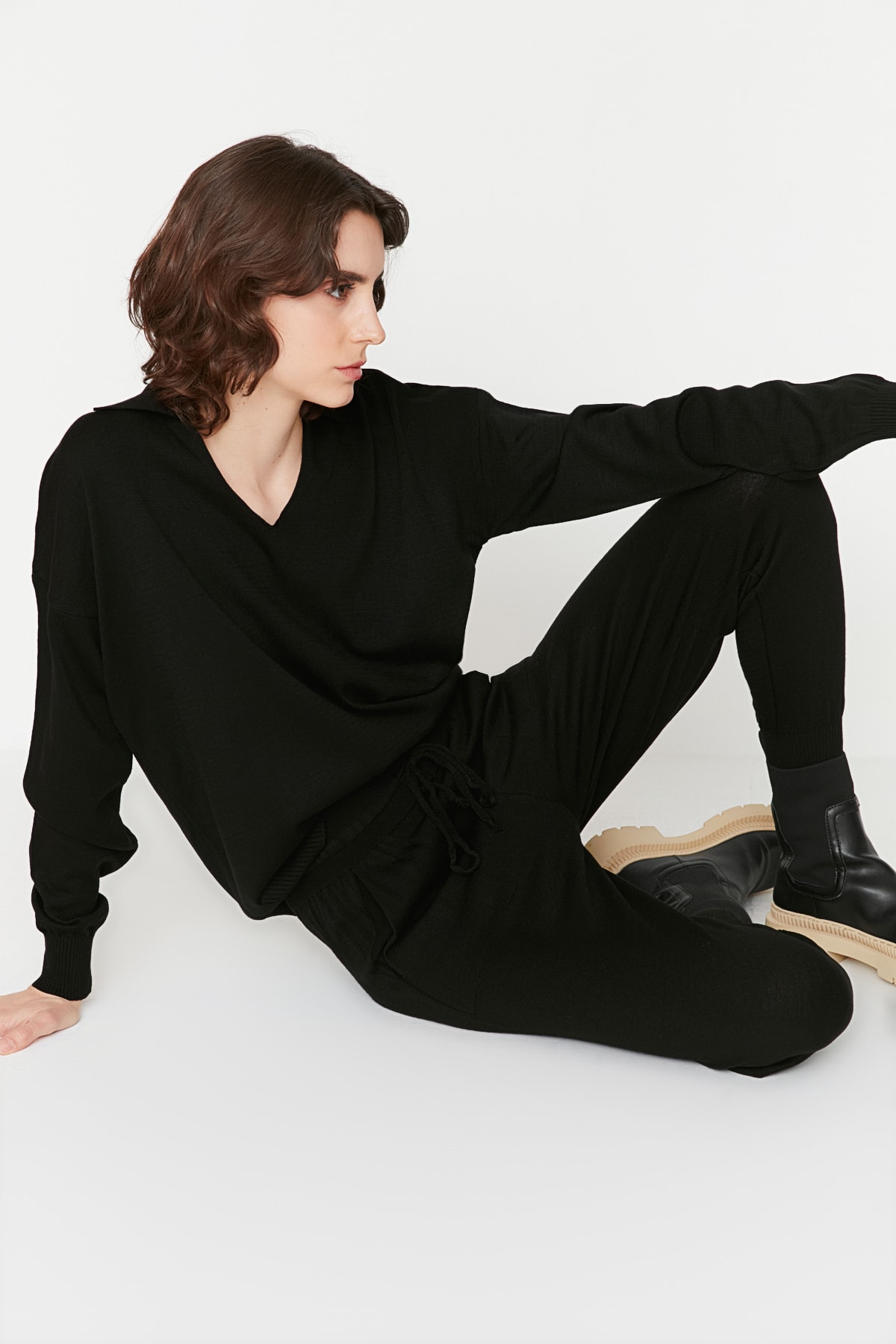 Trendyol Black Polo Collar Knitwear Top and Bottom Set