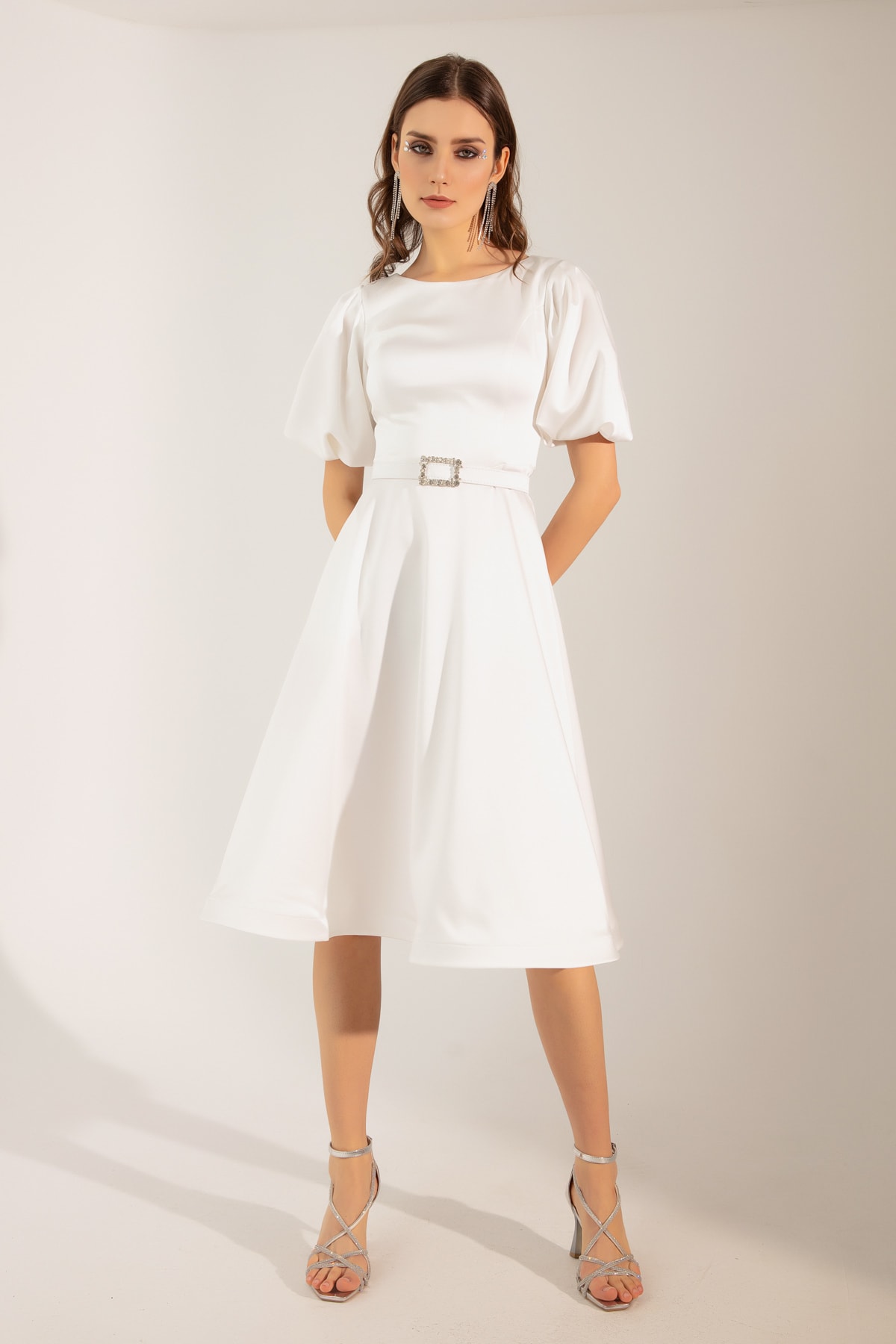 Lafaba Women's White Balloon Sleeve Stony Belted Mini Satin Evening Dress