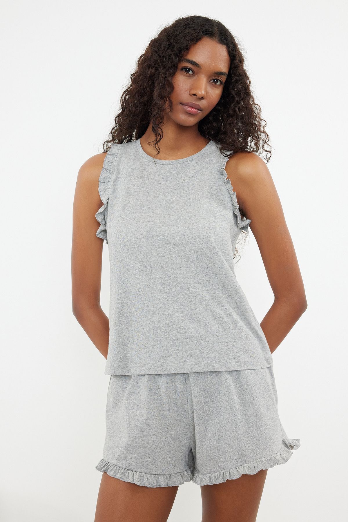 Trendyol Grey Melange 100% Cotton Ruffle Detailed Knitted Pajama Set