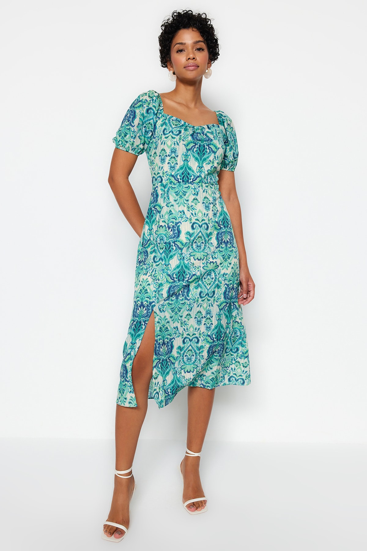 Trendyol Green Square Neck Slit Modeled Țesute Midi Rochie țesută