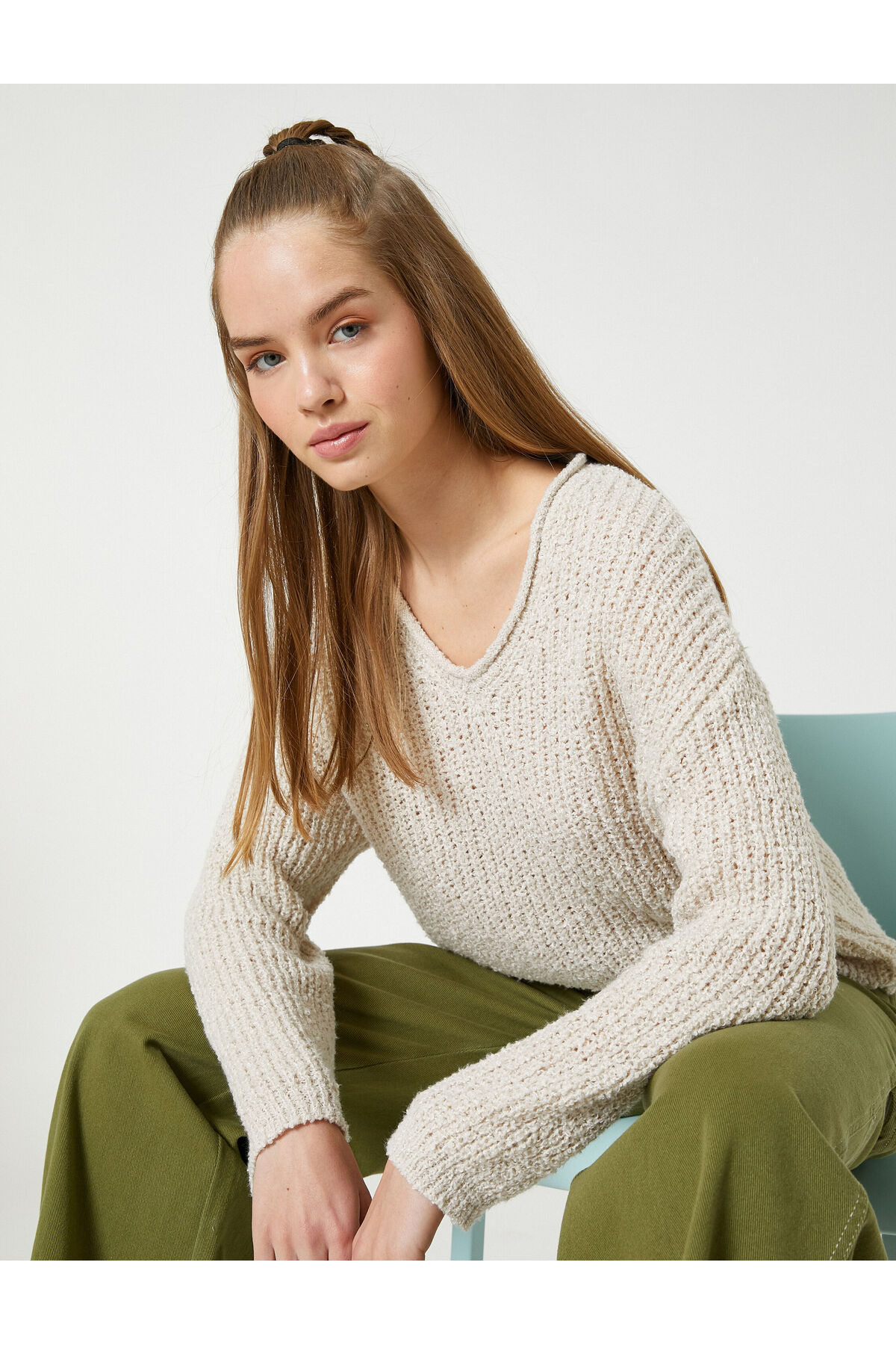 Levně Koton V-Neck pletený svetr s dlouhým rukávem žebrovaný