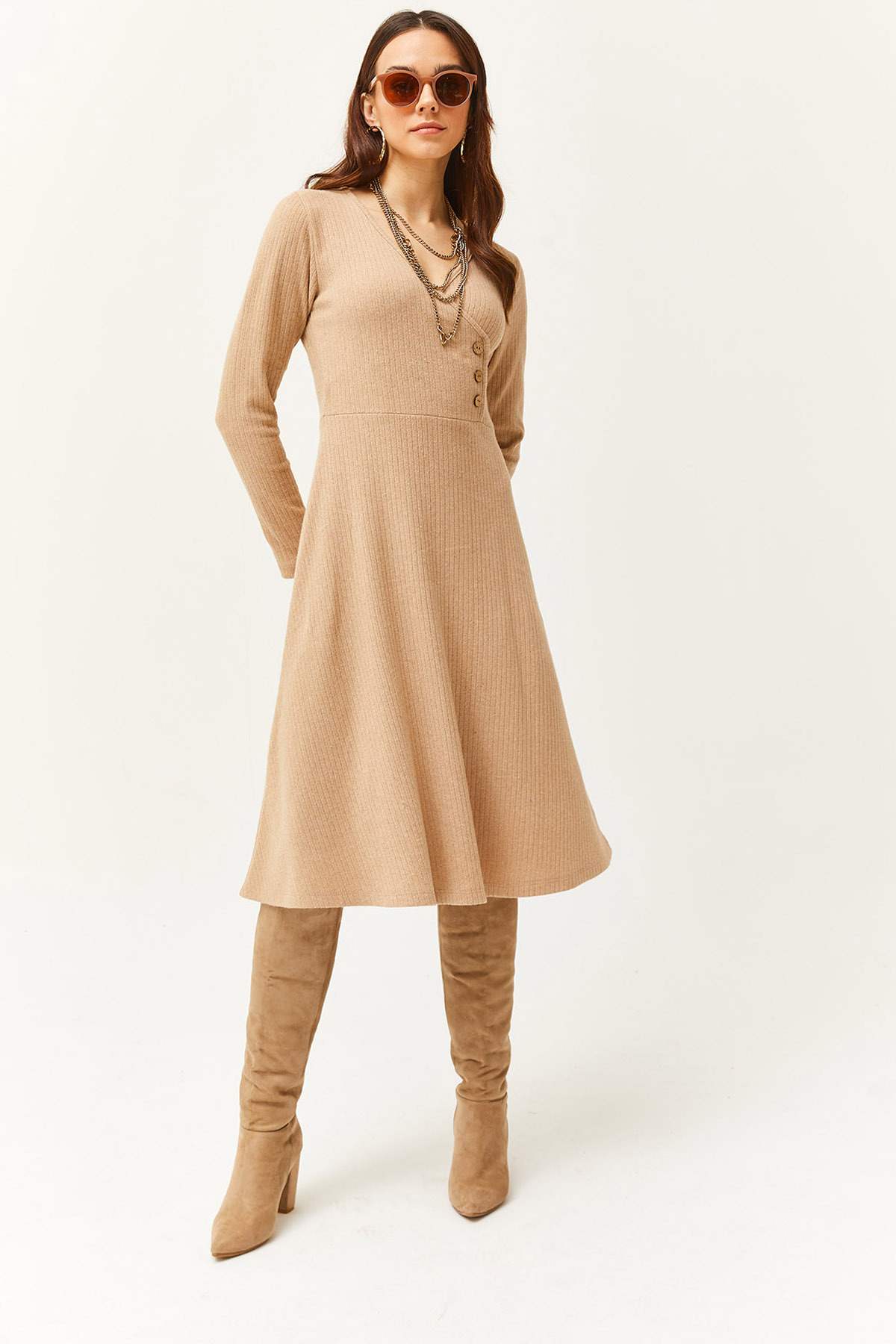 Levně Olalook Women's Camel Button Detailed Double Breasted Midi Bell Dress