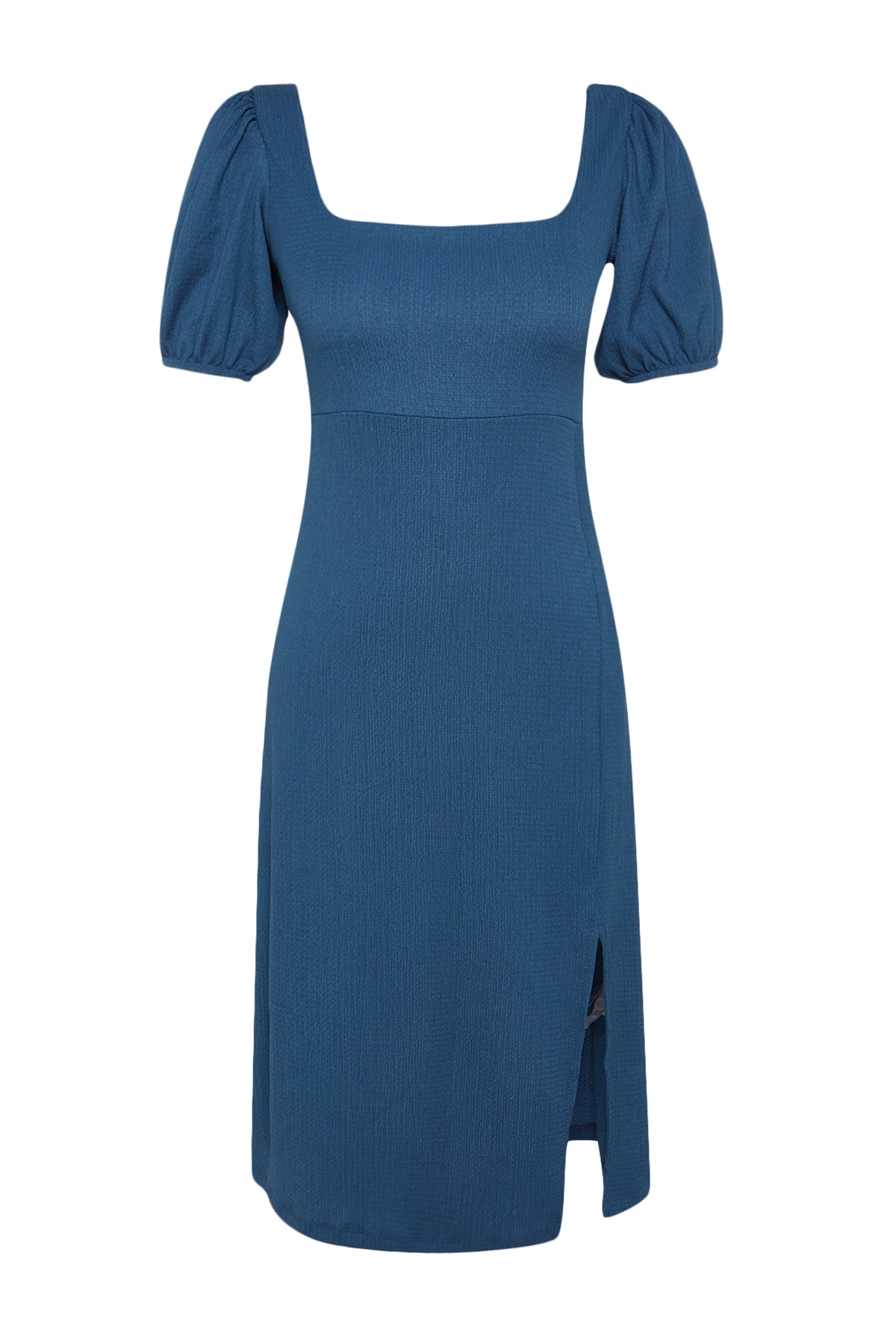 Trendyol Indigo Square Neck Balloon Sleeve A-Line Slit Detailed Midi Tricotat Rochie