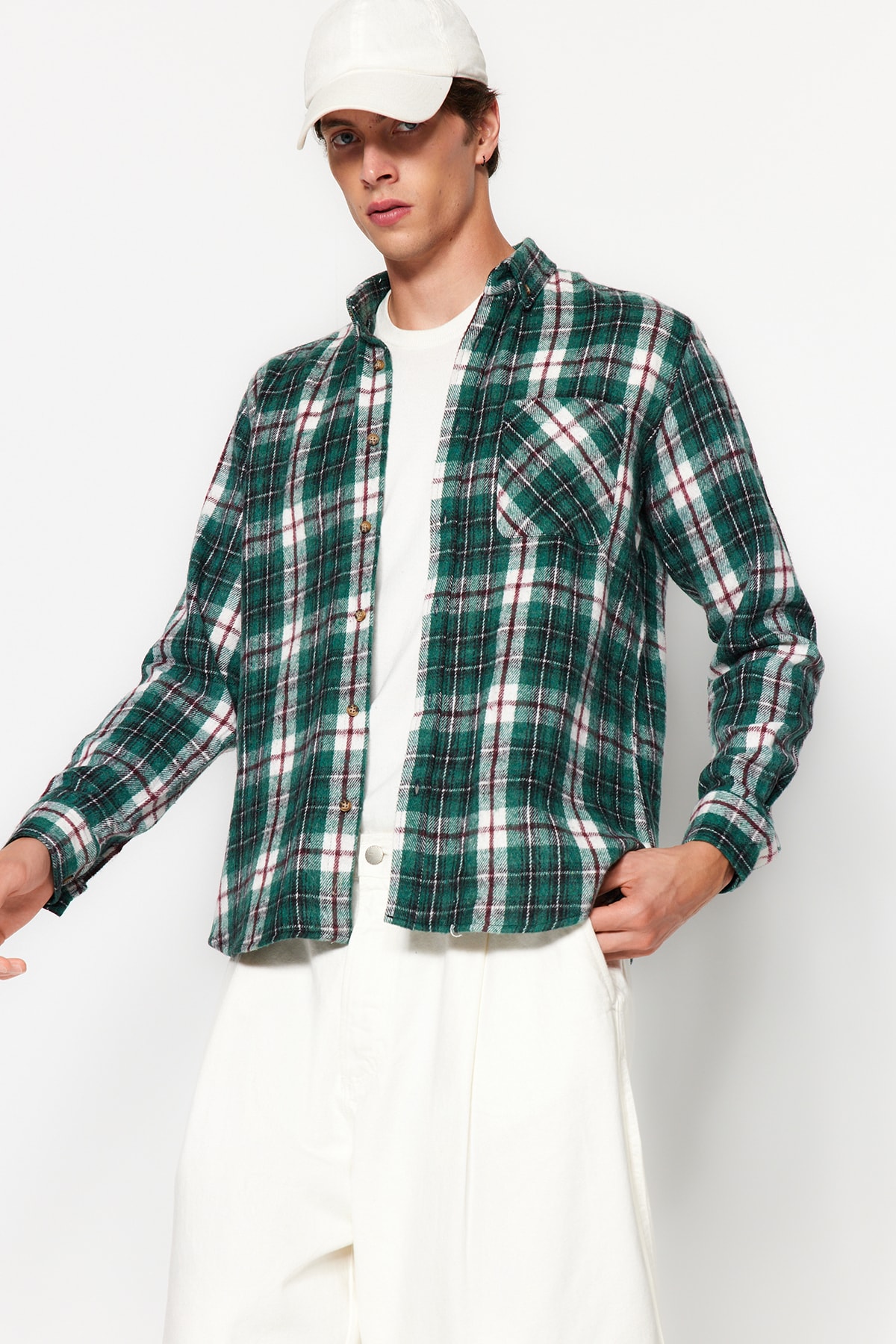 Trendyol Men's Green Slim Fit Lumberjack Plaid Buttoned Collar Shirt