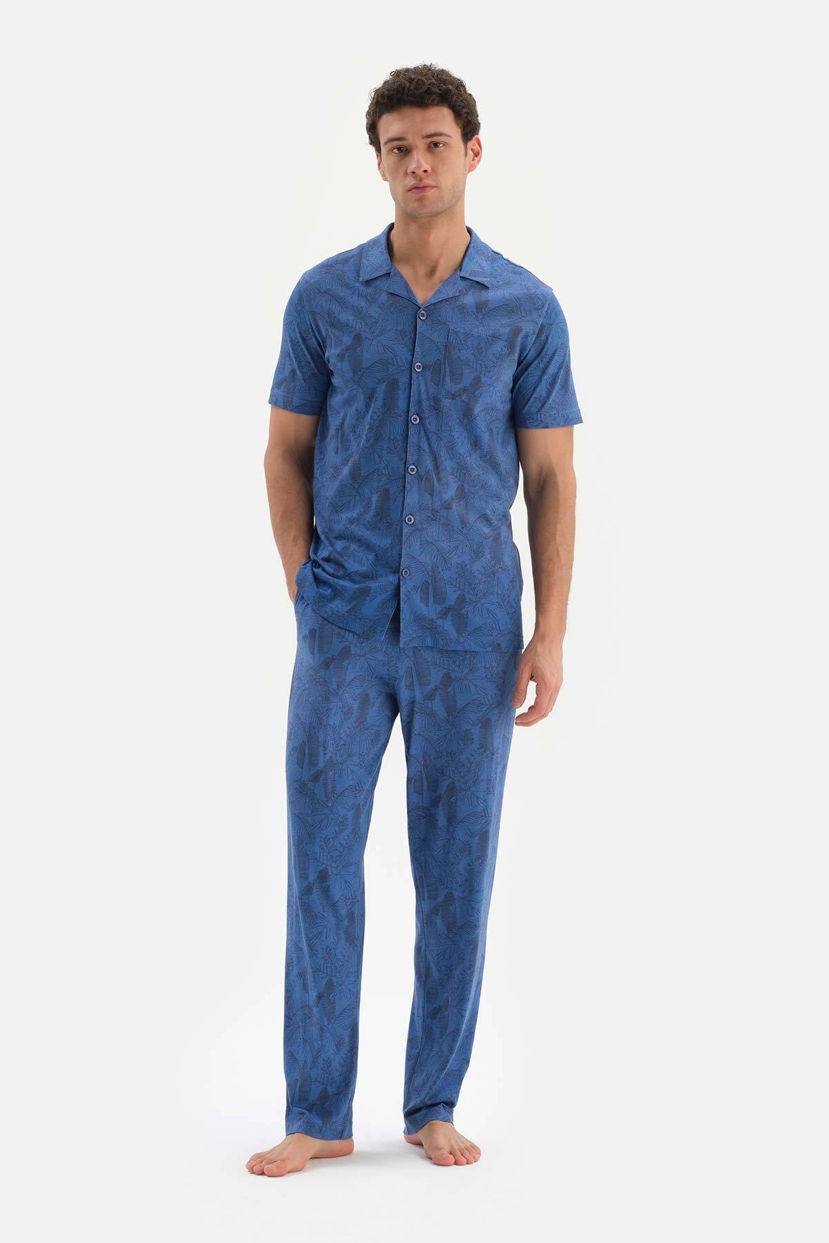 Levně Dagi Blue Shirt Collar Printed Size Cotton Modal Pajamas Set