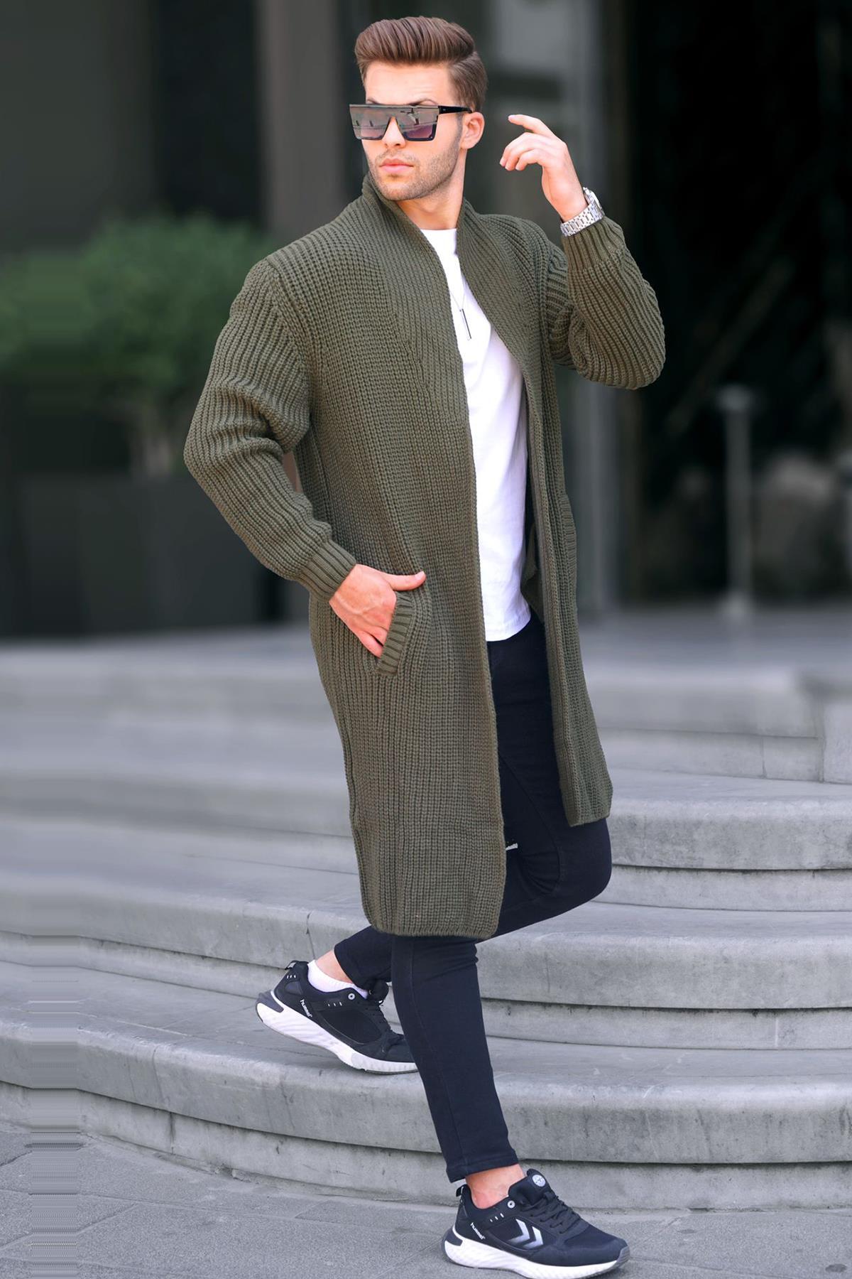 Levně Madmext Khaki Stand-Up Collar Long Knitwear Cardigan With Pocket 6816