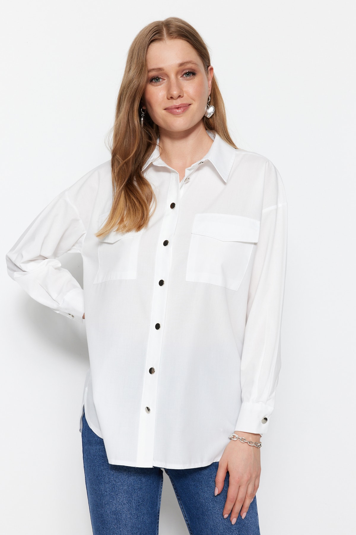 Trendyol Ecru Shirt With Back Detail, Woven Cotton Cotton