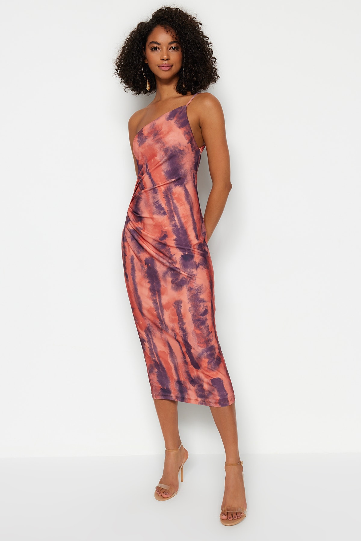 Trendyol Limited Edition Printed Fitted Midi One Shoulder Stretch Knitted Dress