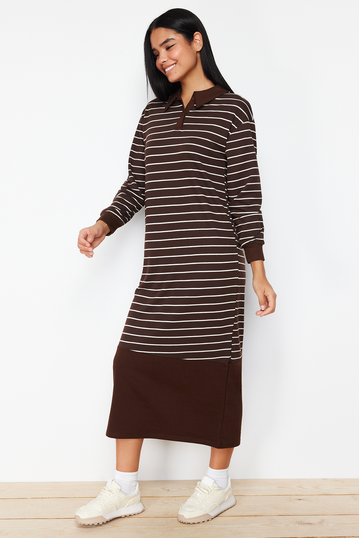 Trendyol Brown Striped Polo Collar Knitted Dress